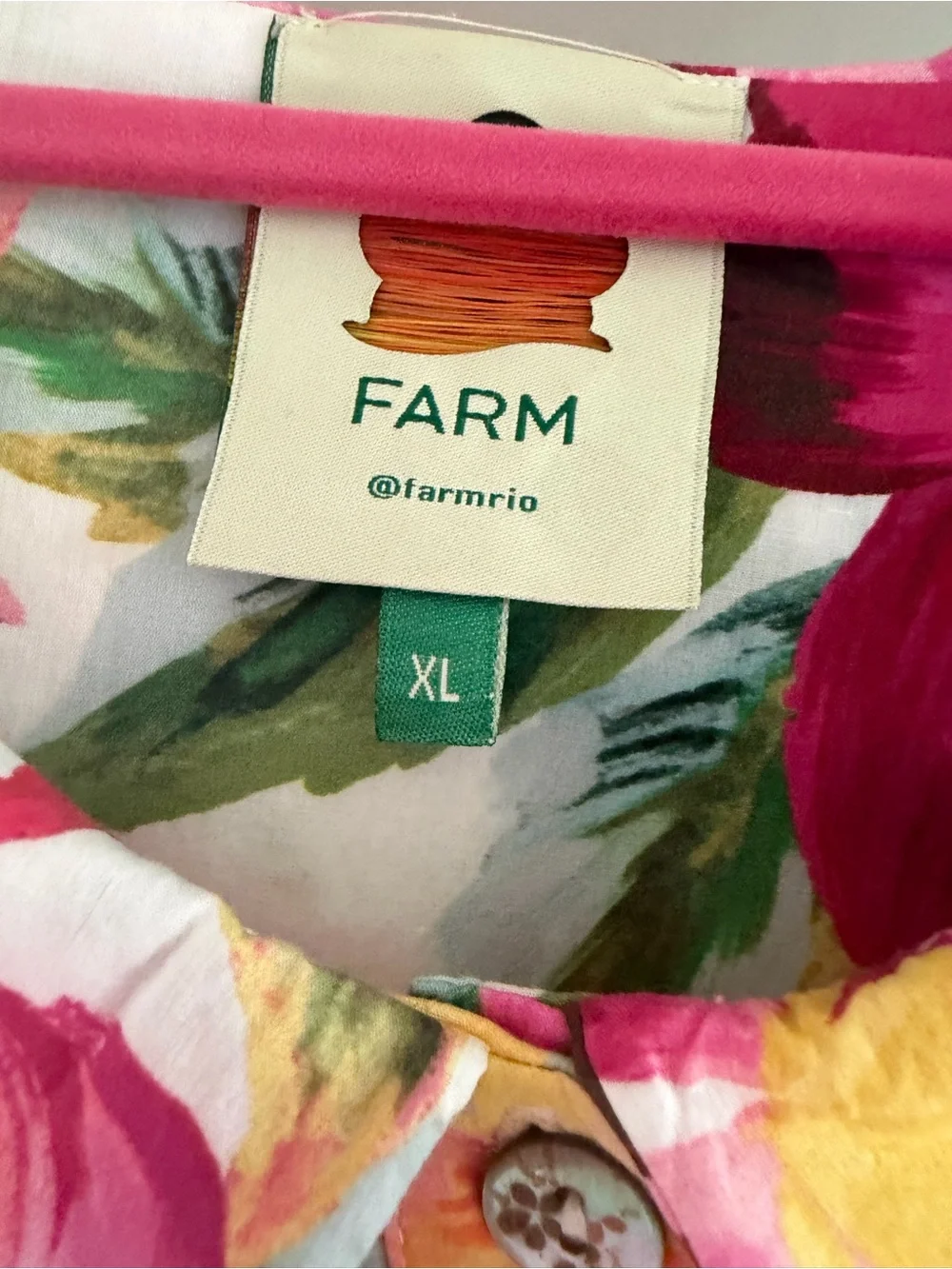 FARM Rio Pink & Green Floral Puff-Sleeve Blouse, size XL